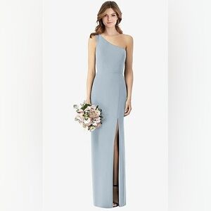 Dessy ONE-SHOULDER CREPE TRUMPET GOWN WITH FRONT SLIT IN MIST